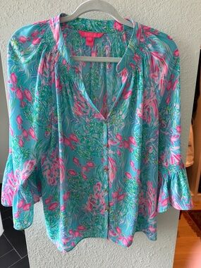 Lilly Pulitzer Turquoise and Pink Floral Smocked-Neck Blouse